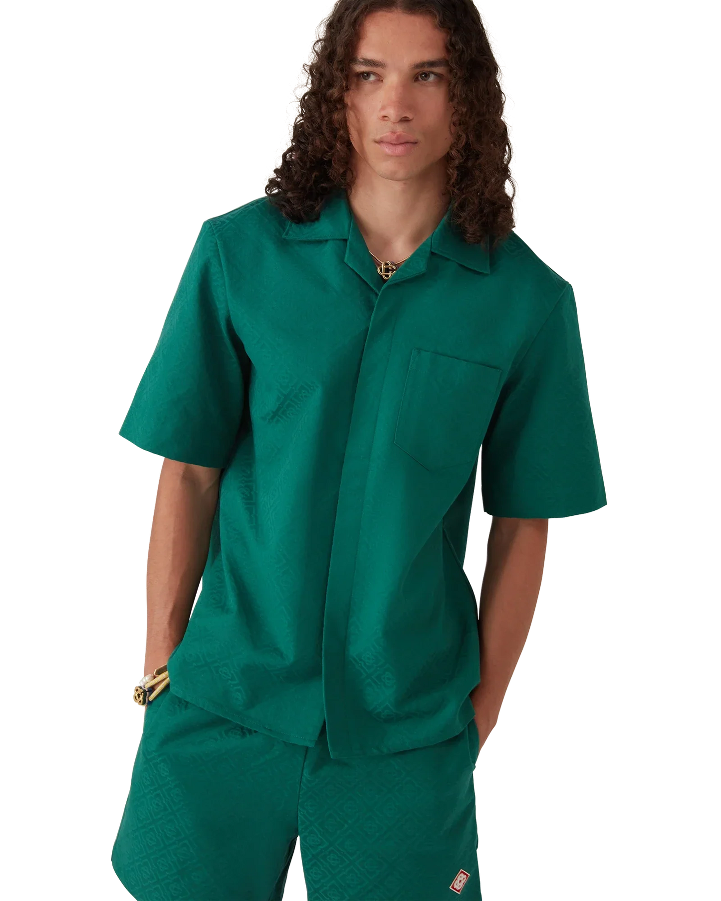 Chemise Jacquard à Manches Courtes Monogramme Coton