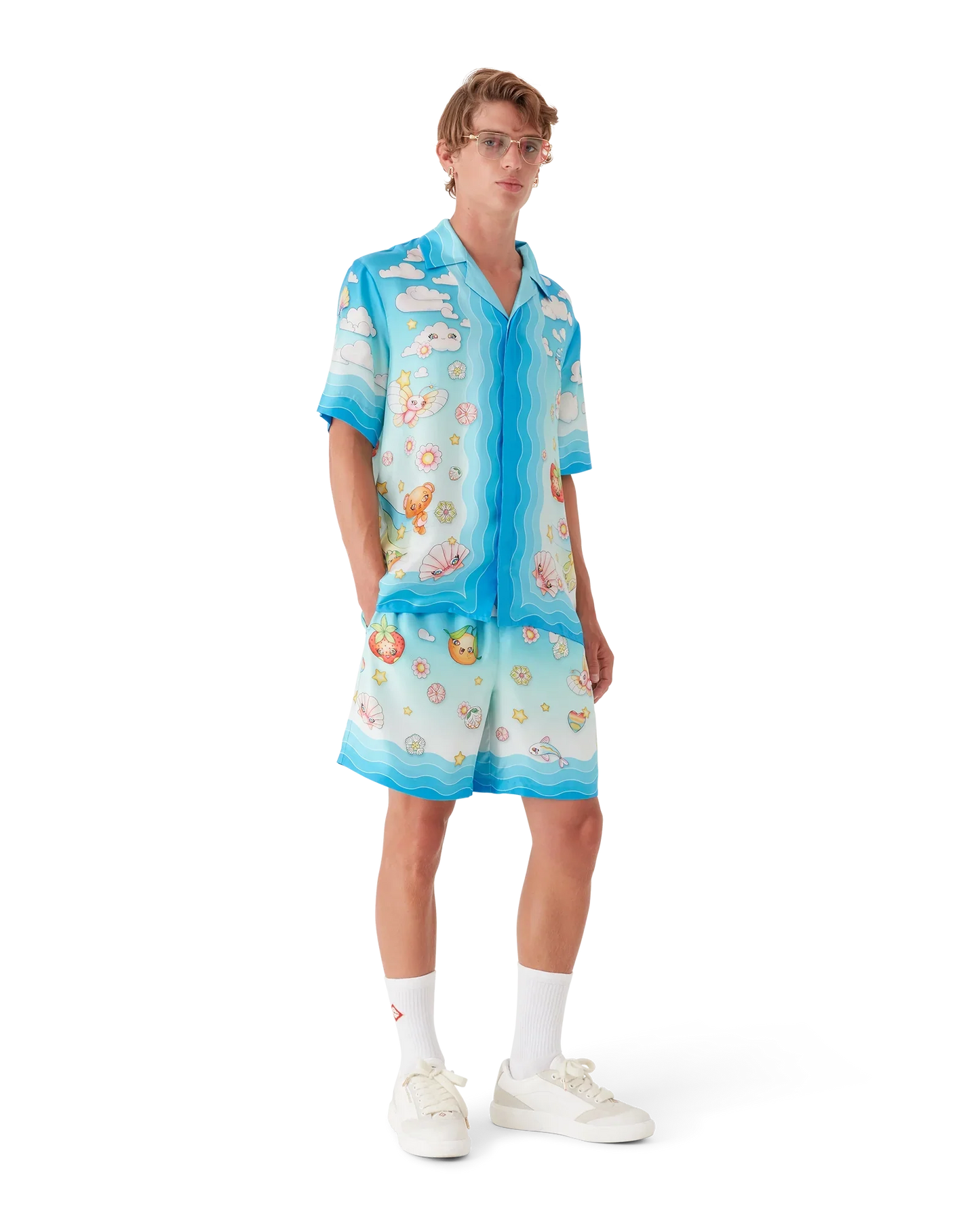 Chemise en twill de soie à manches courtes motif Kawaii