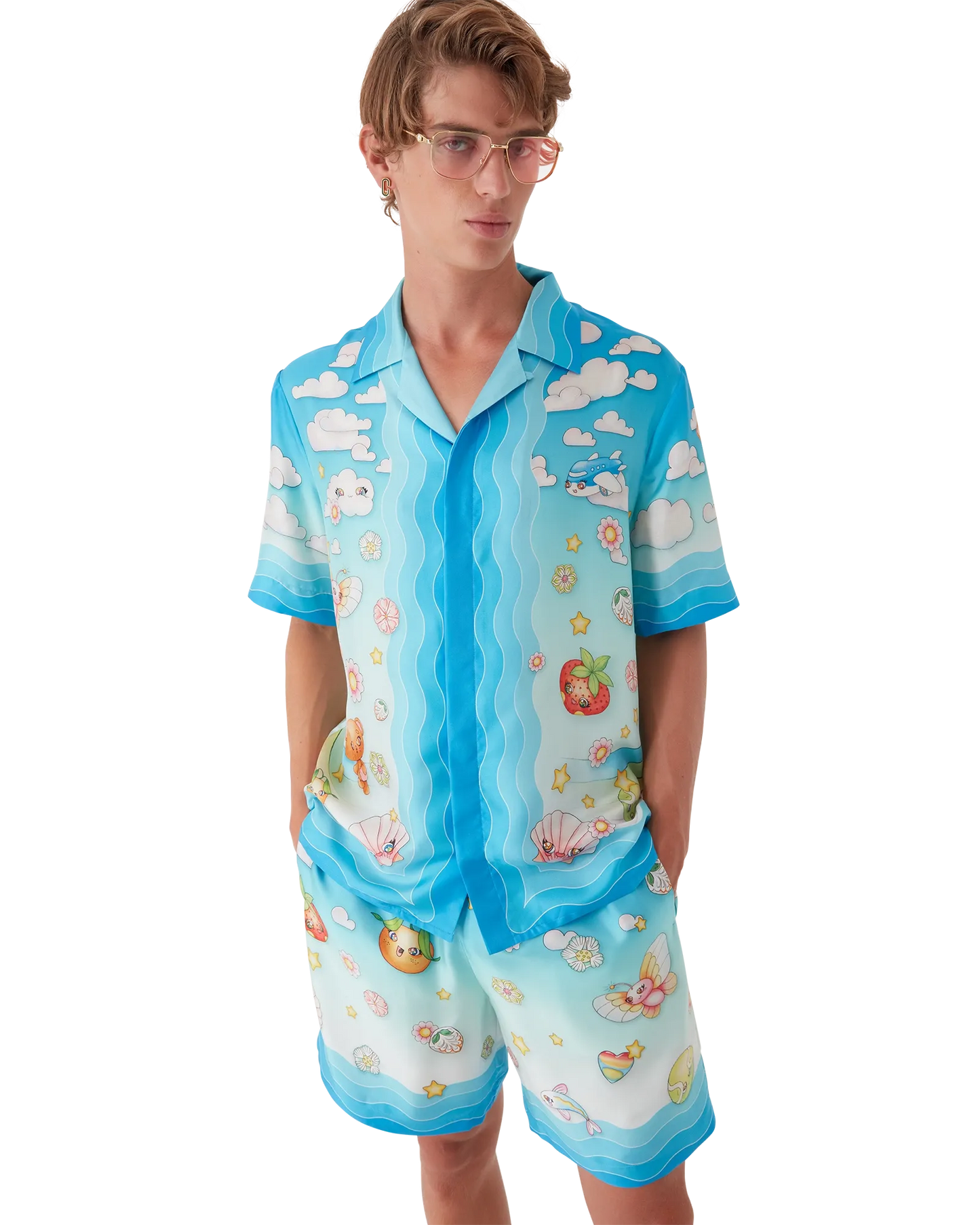 Chemise en twill de soie à manches courtes motif Kawaii