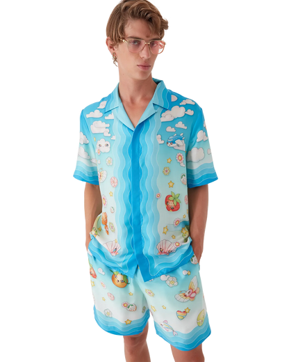 Chemise en twill de soie à manches courtes motif Kawaii