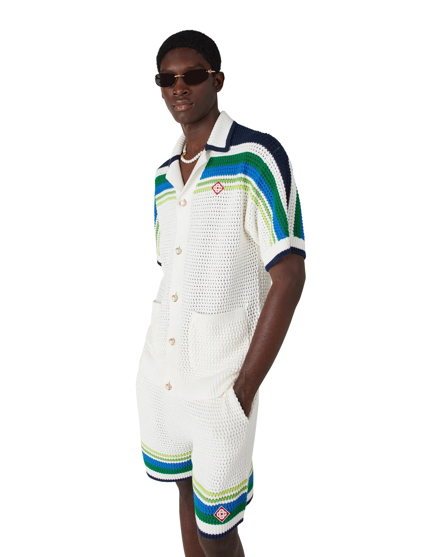 Chemise en maille tricotée à rayures et manches courtes