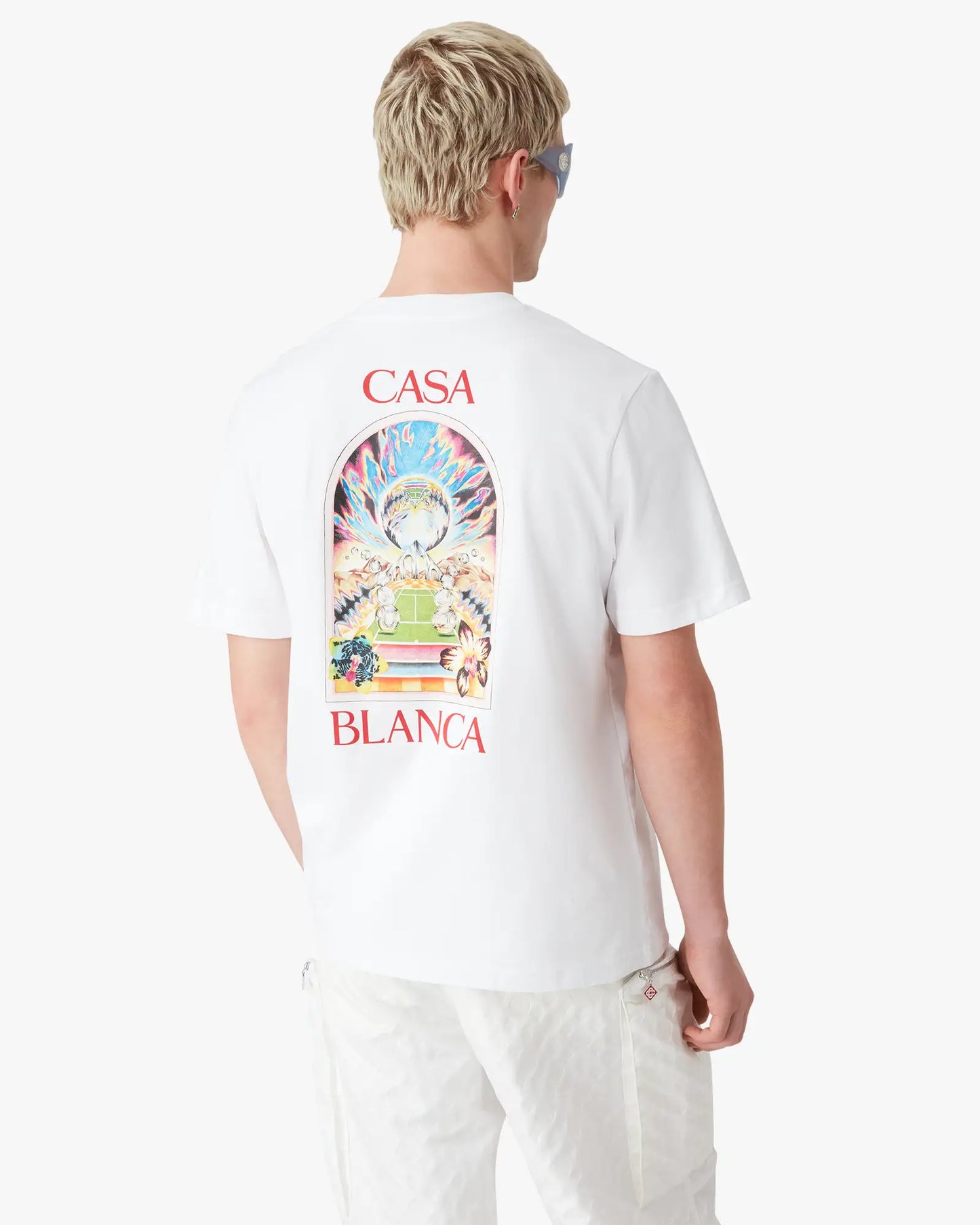 T-shirt blanc à manches courtes imprimé paysage tennis