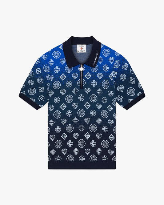 Navy Gradient Monogram Knitted Short Sleeve Polo Shirt