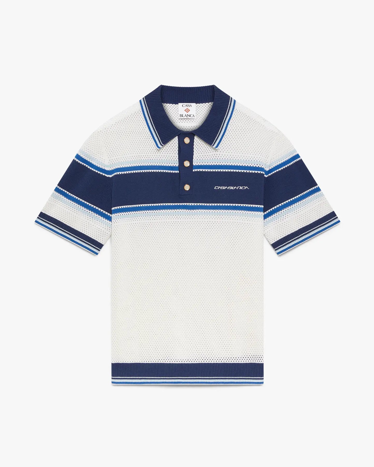 White & Blue Striped Mesh Short Sleeve Polo Shirt