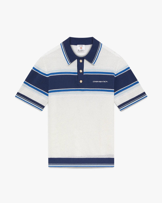 White & Blue Striped Mesh Short Sleeve Polo Shirt