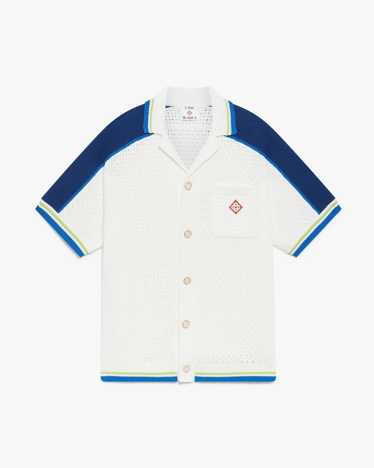 Chemise en crochet à manches courtes blanche et bleue