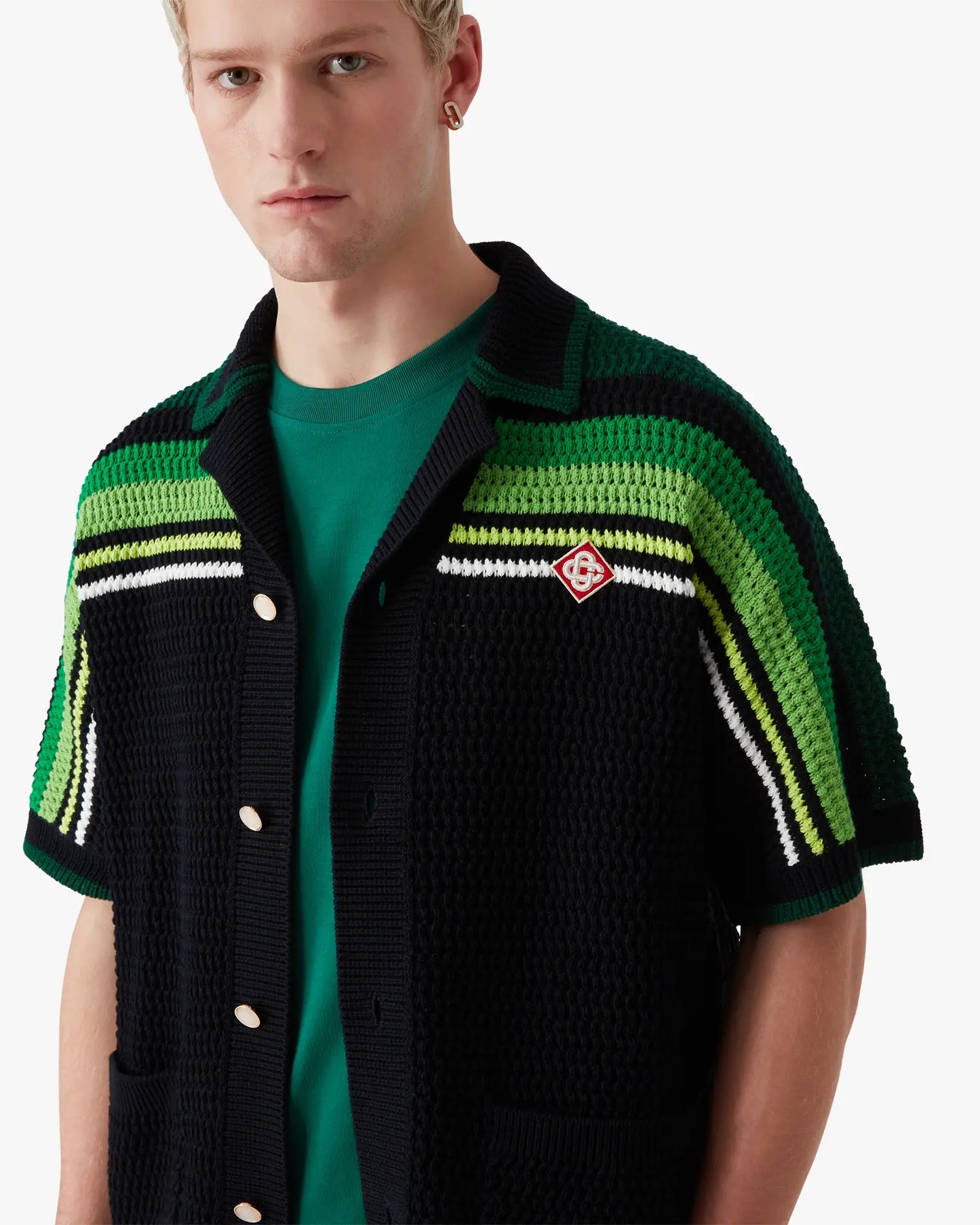 Chemisier court au crochet rayé noir et vert à manches courtes