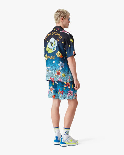Chemise en Soie Manches Courtes à Motif Collage d'Icônes Graphiques