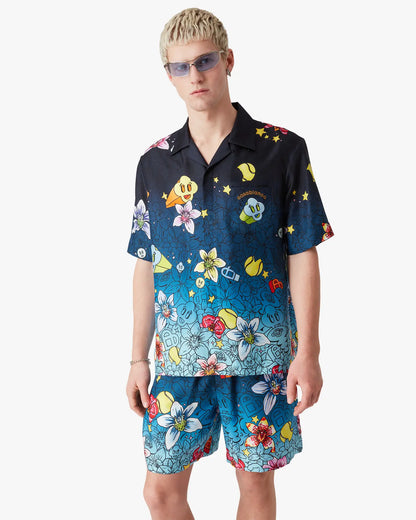 Chemise en Soie Manches Courtes à Motif Collage d'Icônes Graphiques