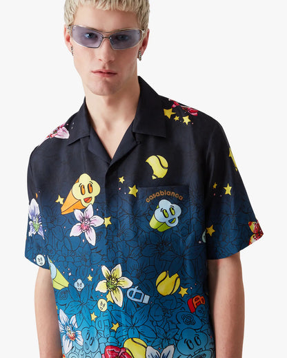Chemise en Soie Manches Courtes à Motif Collage d'Icônes Graphiques