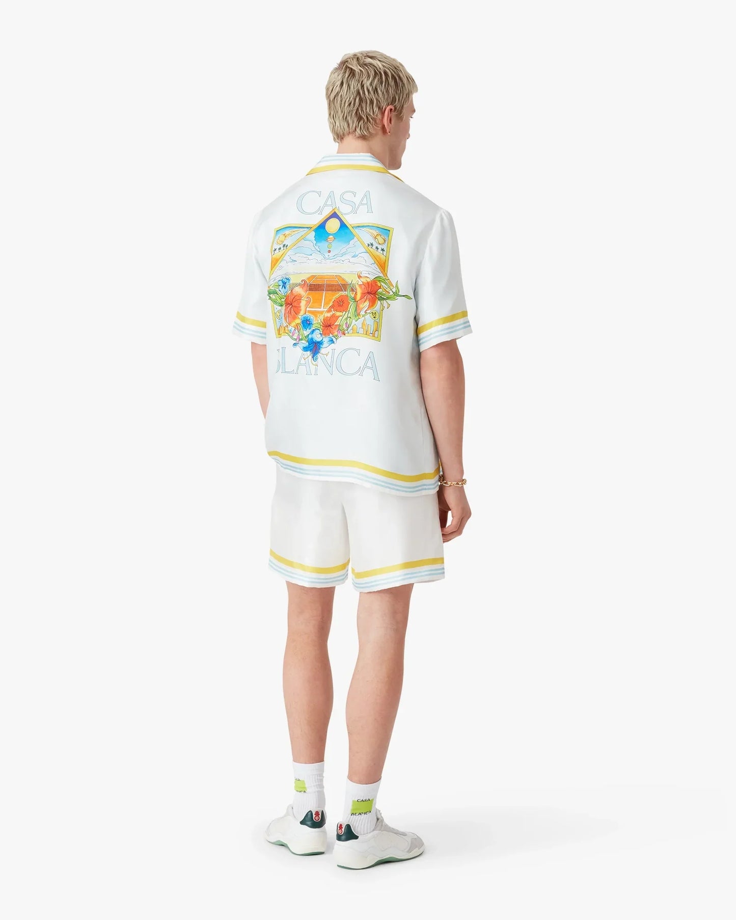 Chemise en soie à manches courtes, motif paysage de tennis blanc