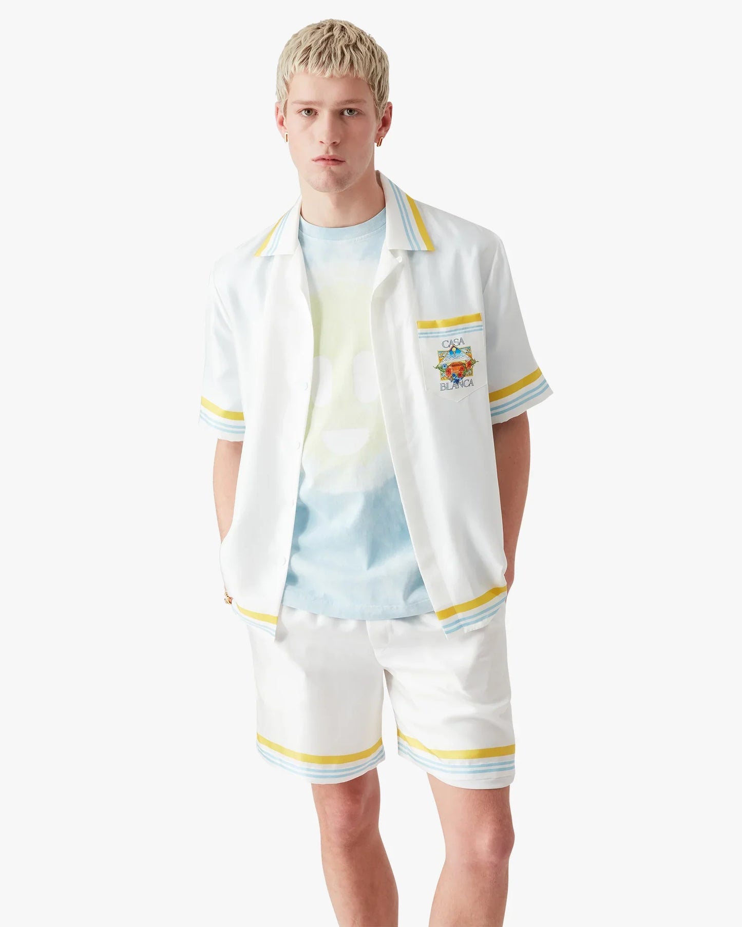 Chemise en soie à manches courtes, motif paysage de tennis blanc