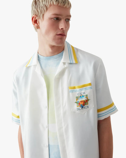 Chemise en soie à manches courtes, motif paysage de tennis blanc
