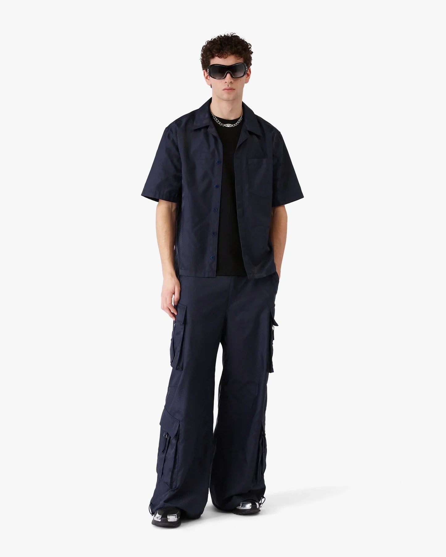 Chemise à manches courtes monogramme demi-ton marine