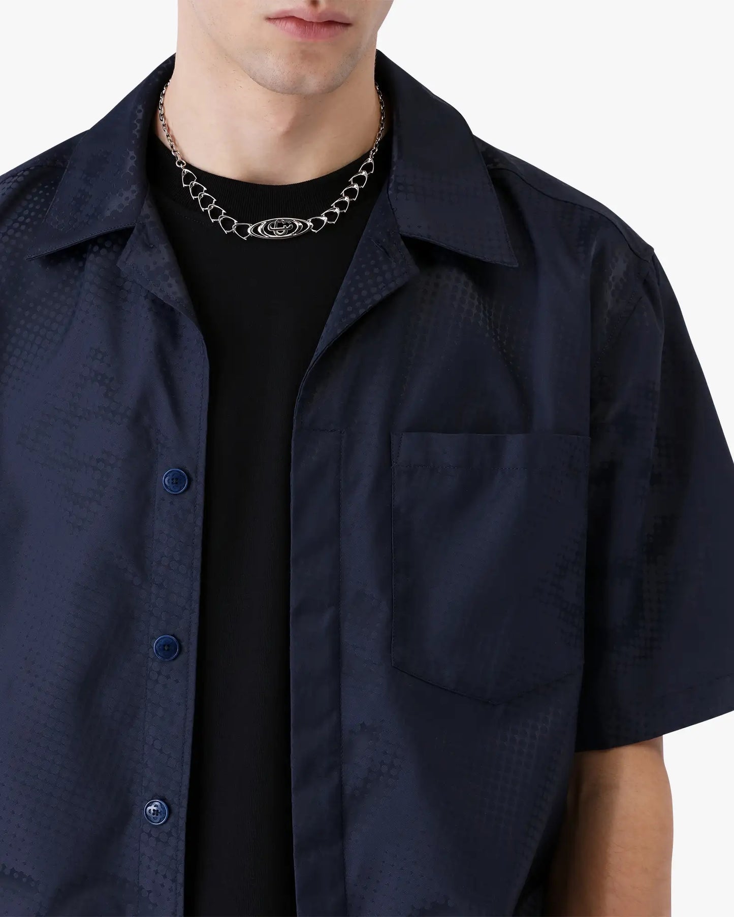 Chemise à manches courtes monogramme demi-ton marine