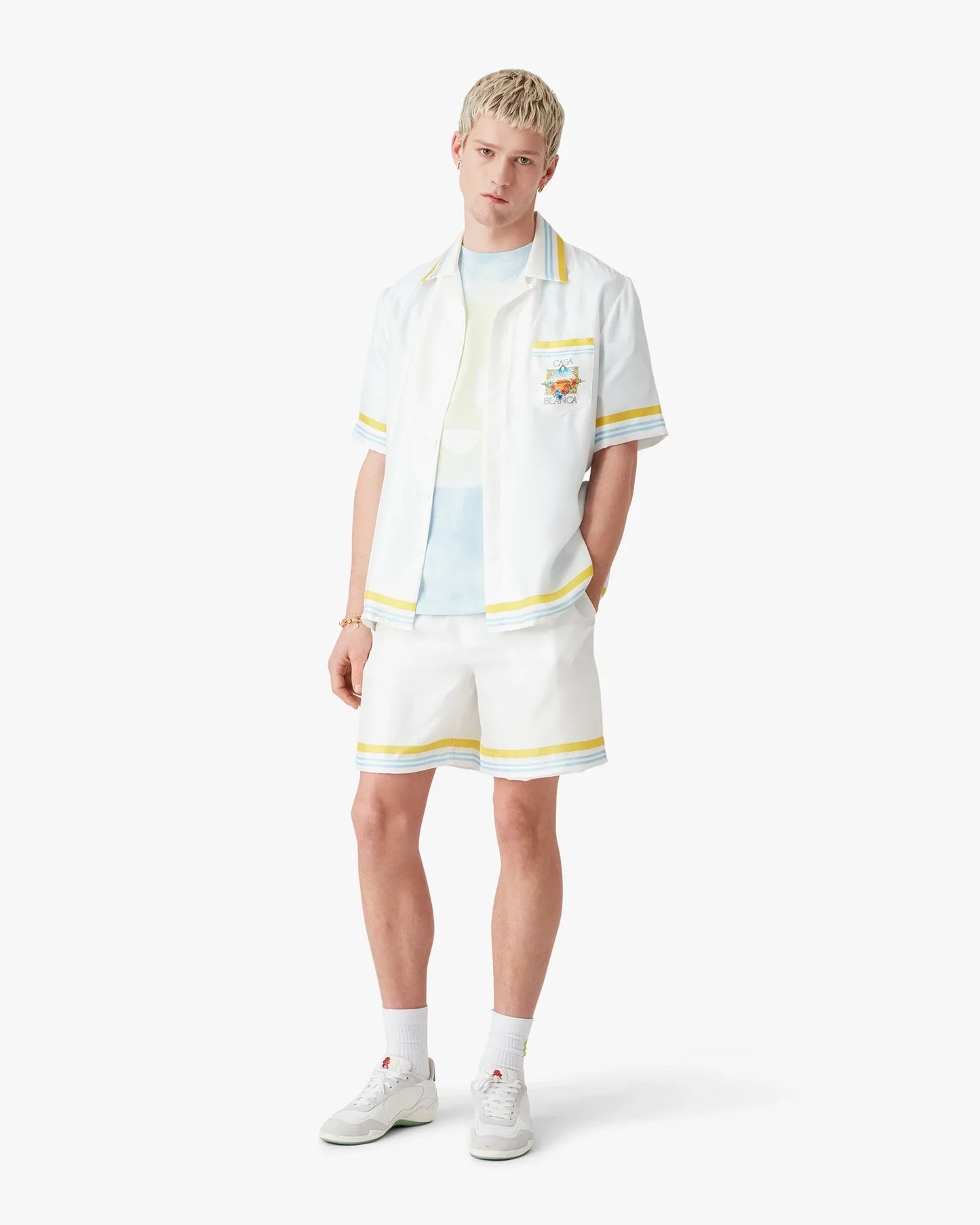 Short en soie blanc à motif paysager de tennis