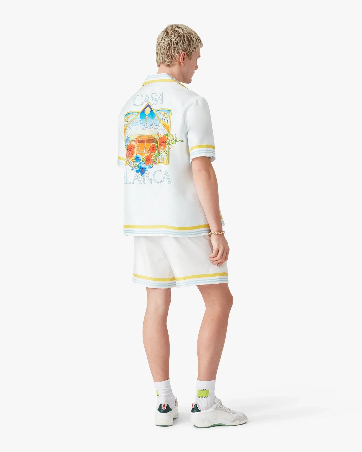 Short en soie blanc à motif paysager de tennis
