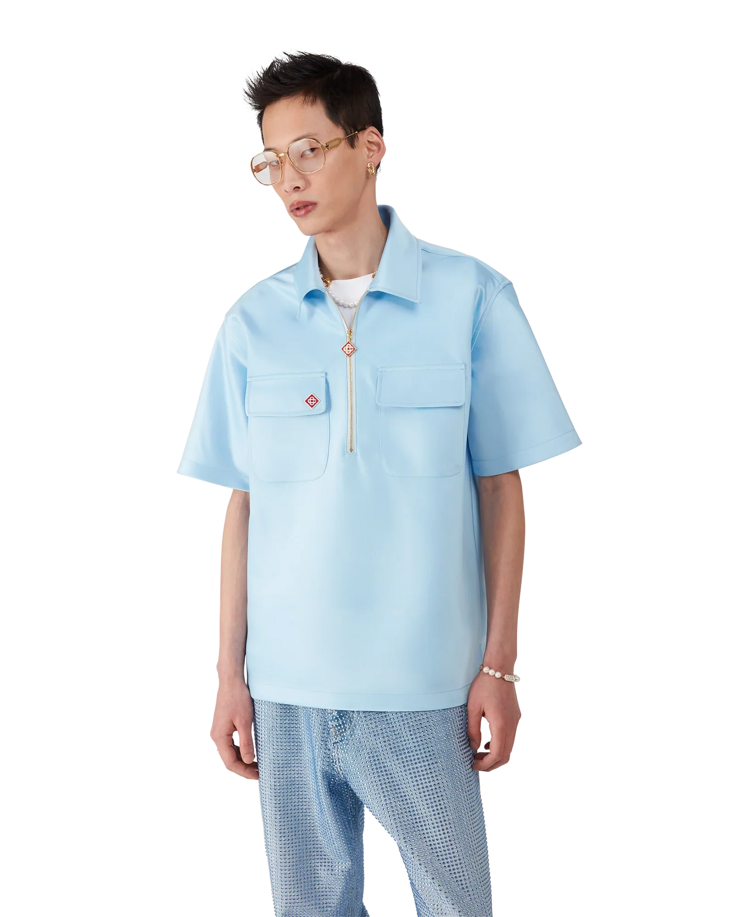 Chemisier court zippé à manches courtes en satin