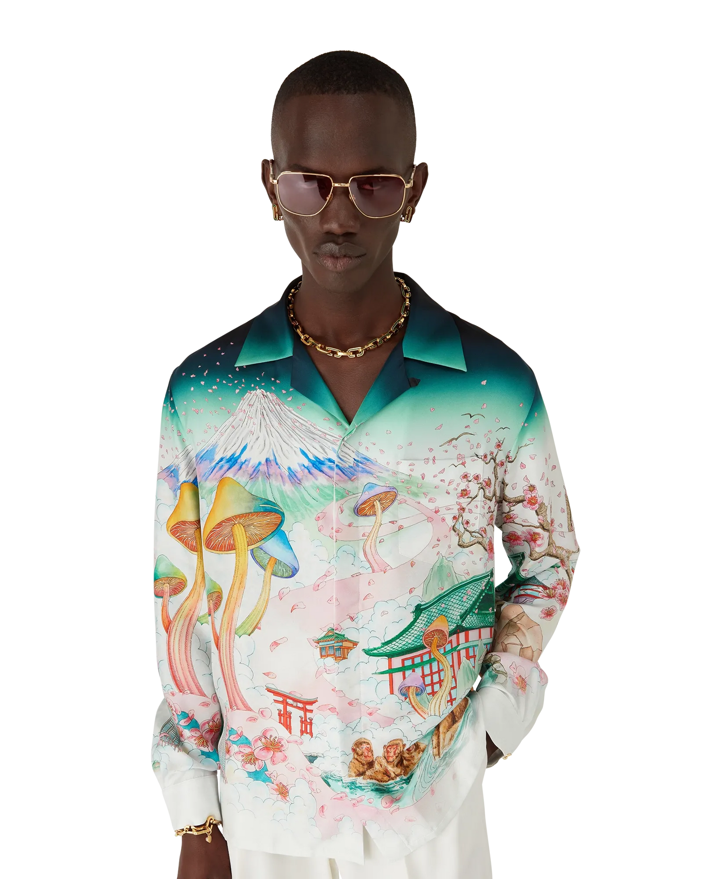 Chemise en twill de soie à manches longues motif floral