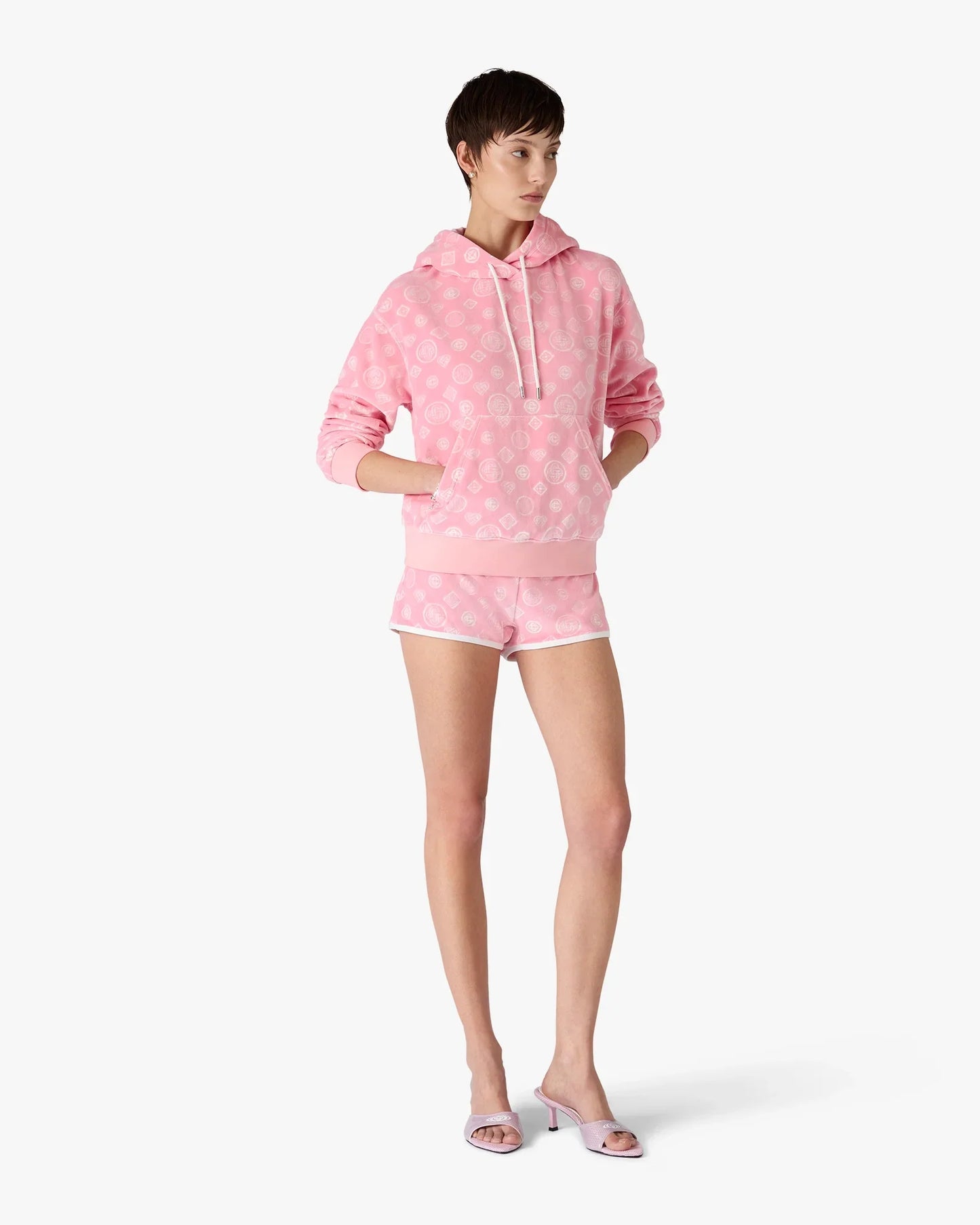 Sweat à capuche en velours rose monogrammé