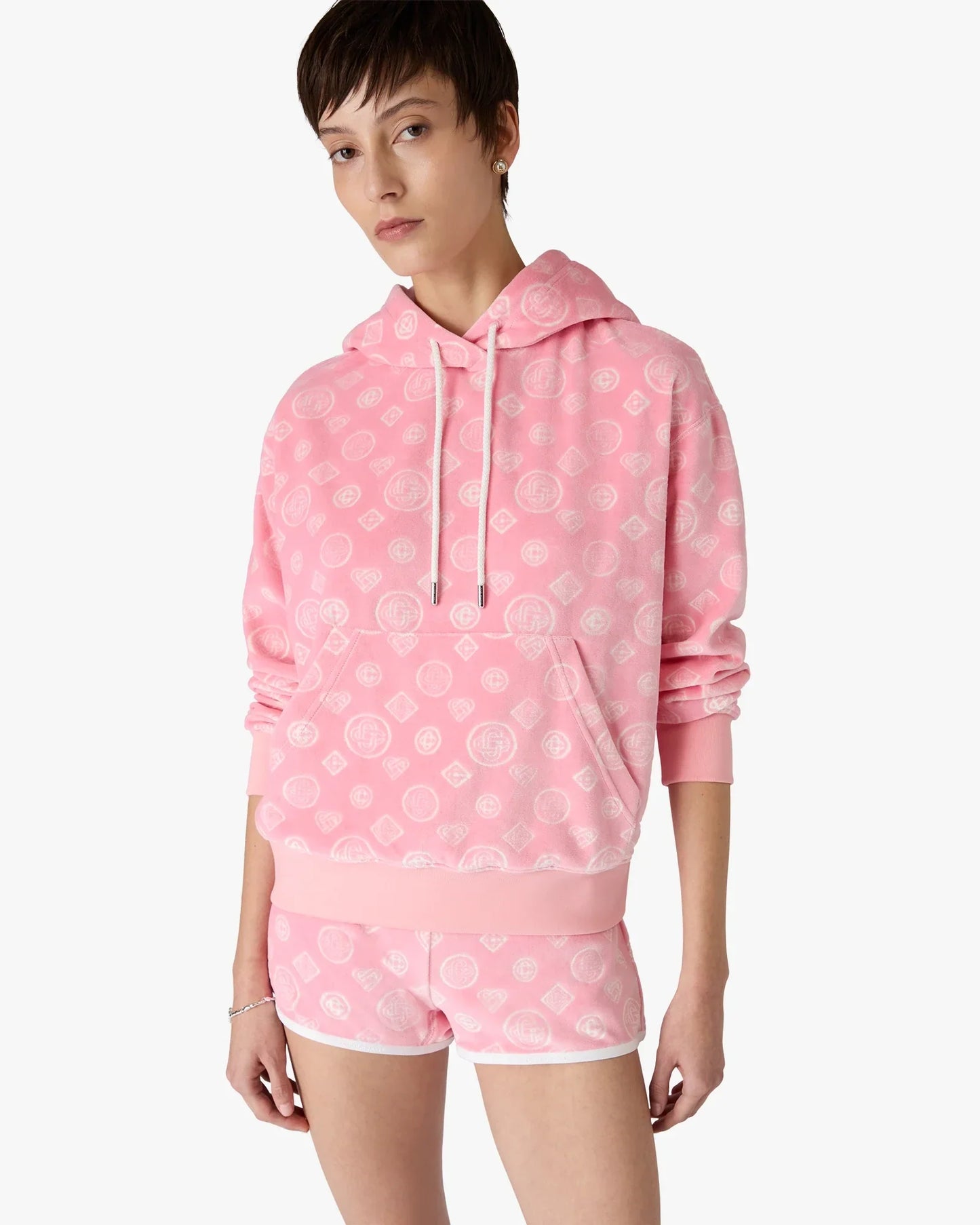Sweat à capuche en velours rose monogrammé