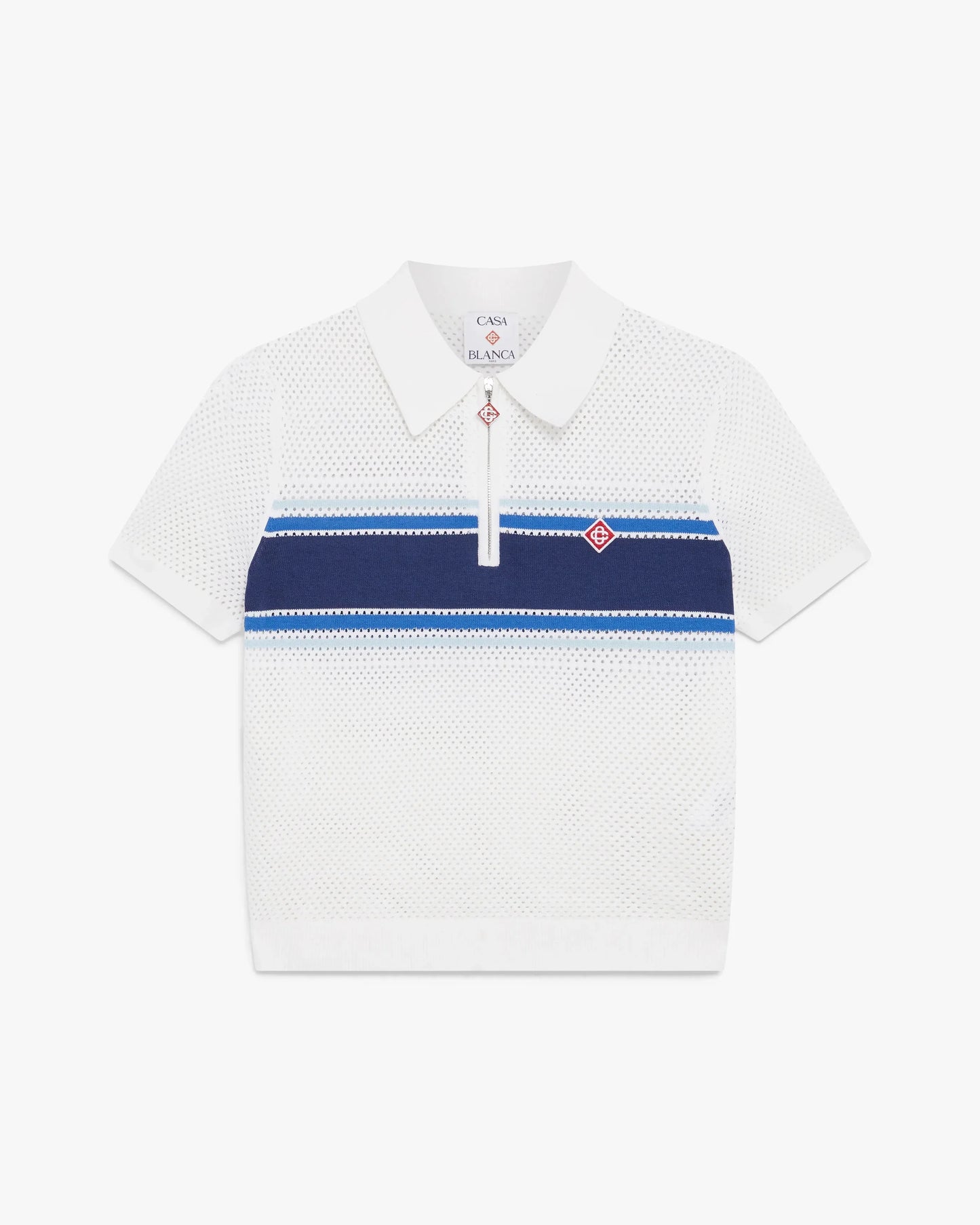 Polo en maille rayée blanc et bleu