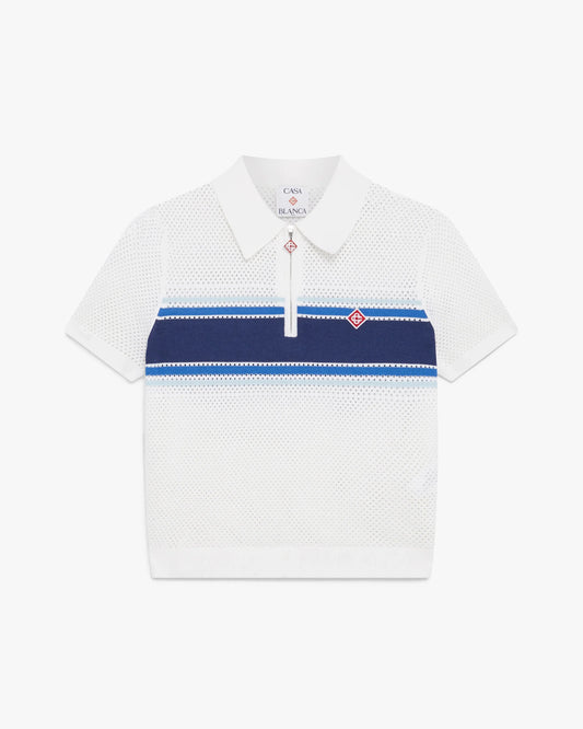 White & Blue Striped Mesh Polo Shirt