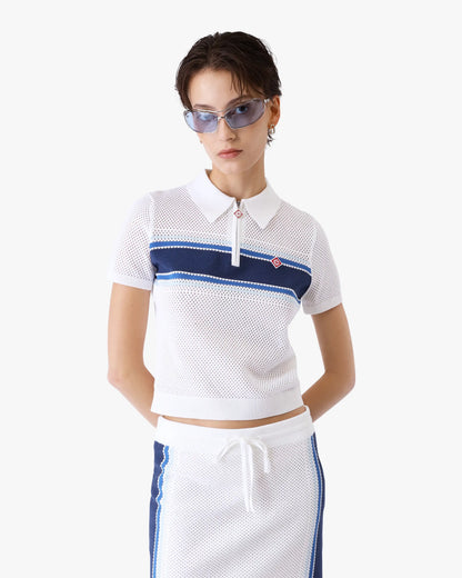 Polo en maille rayée blanc et bleu