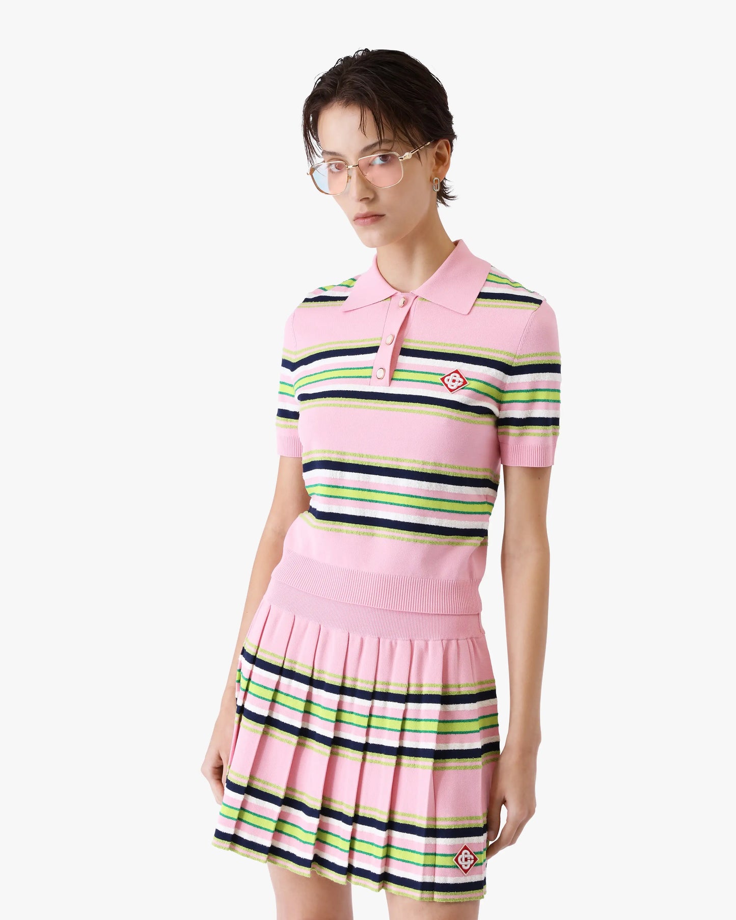 Polo ajusté à rayures roses et vertes