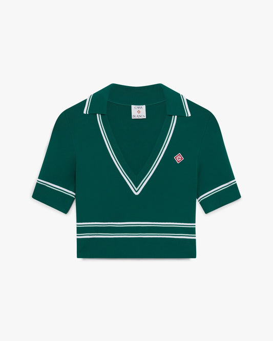 Green Cropped Knit Polo Shirt